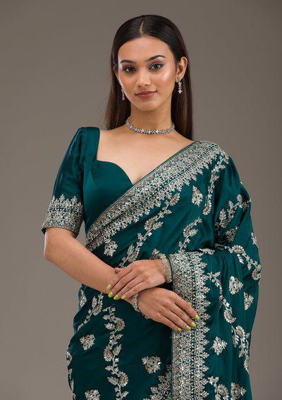 Bottle Green Threadwork Satin Saree-Koskii