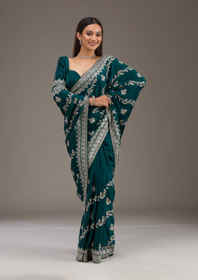 Bottle Green Threadwork Satin Saree-Koskii