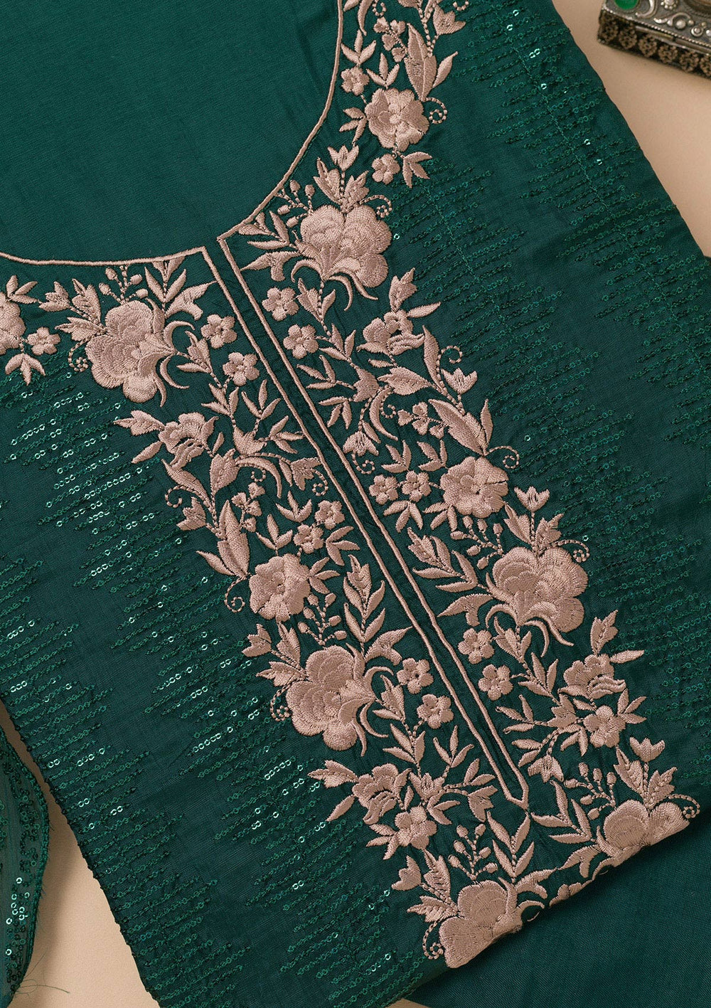 Bottle Green Threadwork Semi Crepe Unstitched Salwar Suit-Koskii