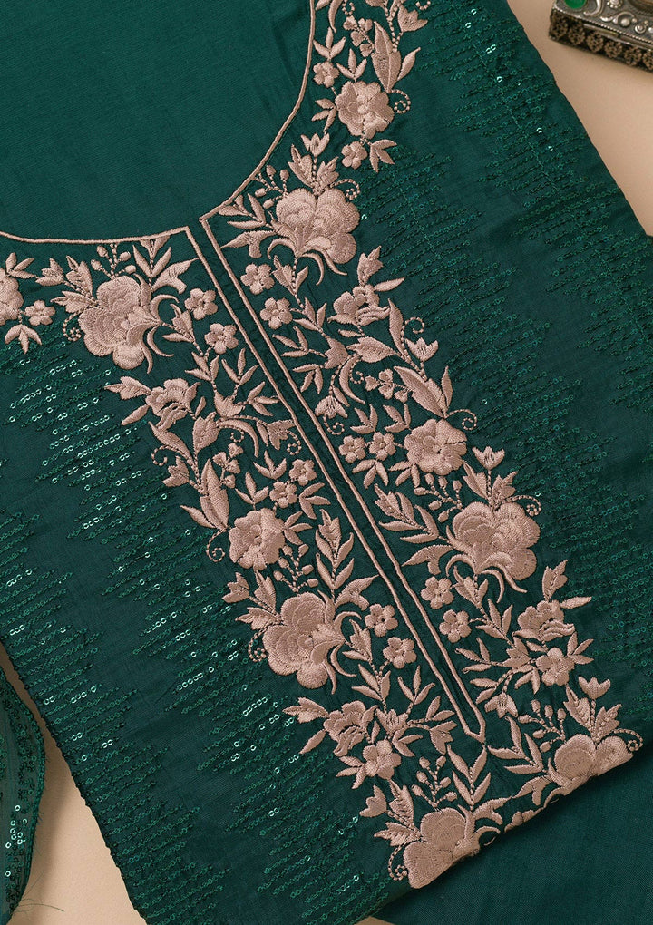 Bottle Green Threadwork Semi Crepe Unstitched Salwar Suit-Koskii