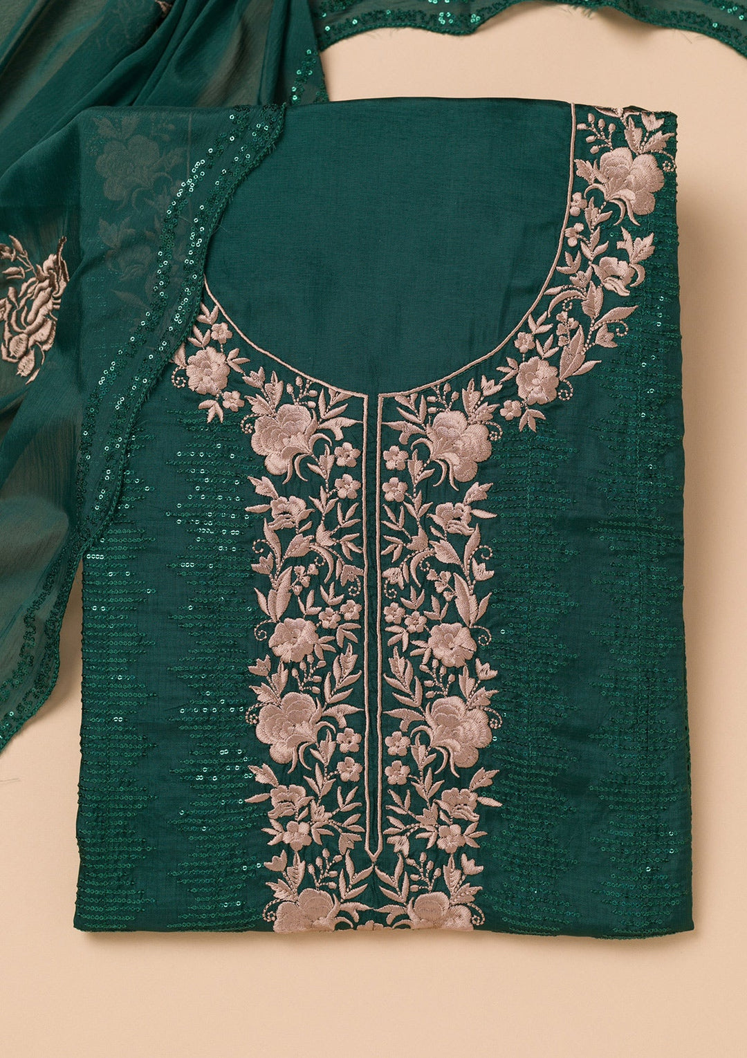 Bottle Green Threadwork Semi Crepe Unstitched Salwar Suit-Koskii