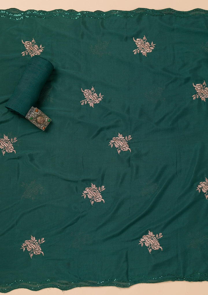 Bottle Green Threadwork Semi Crepe Unstitched Salwar Suit-Koskii