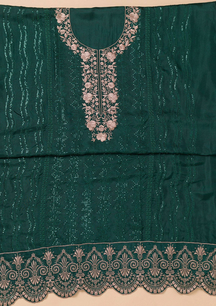 Bottle Green Threadwork Semi Crepe Unstitched Salwar Suit-Koskii
