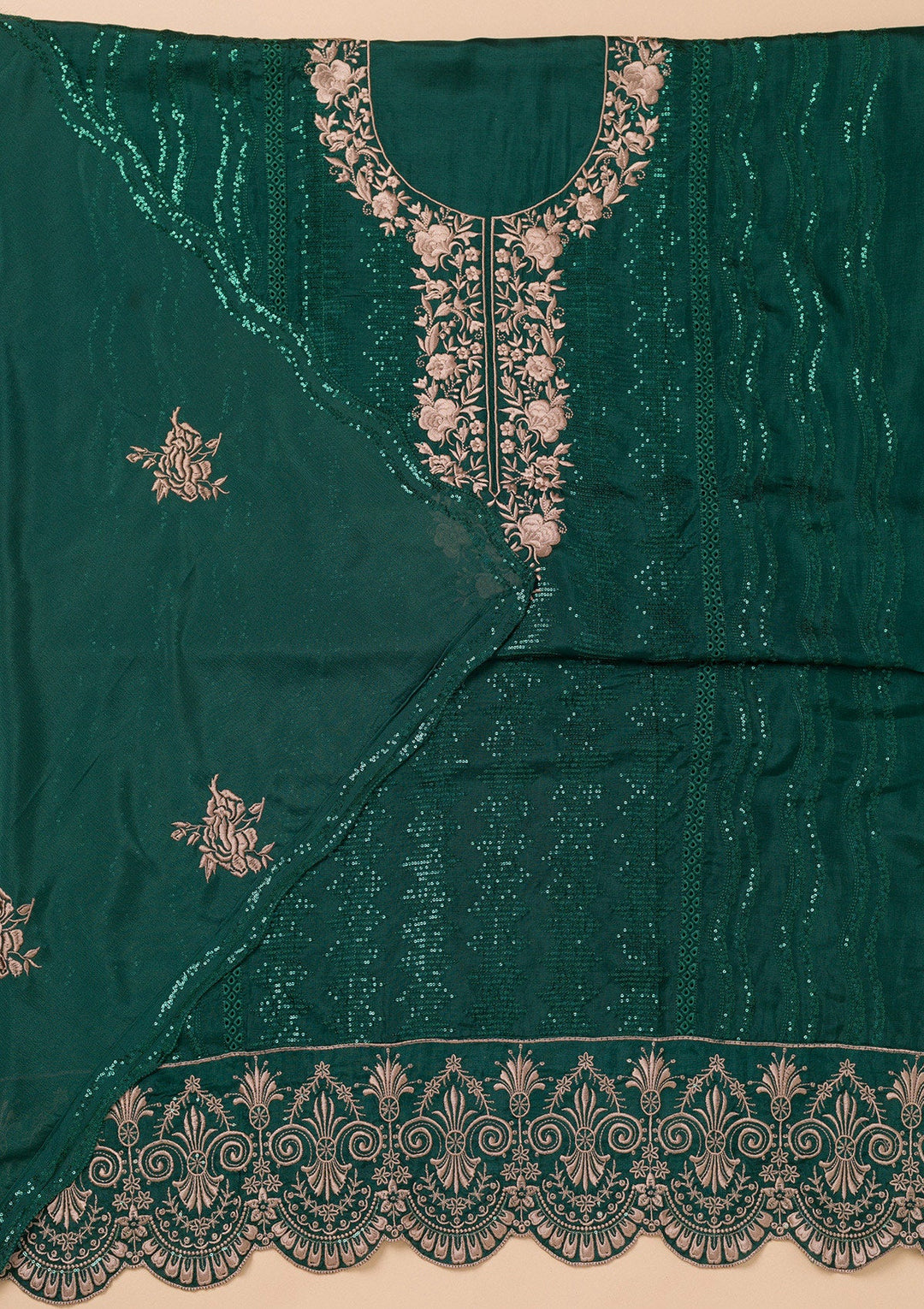Bottle Green Threadwork Semi Crepe Unstitched Salwar Suit-Koskii