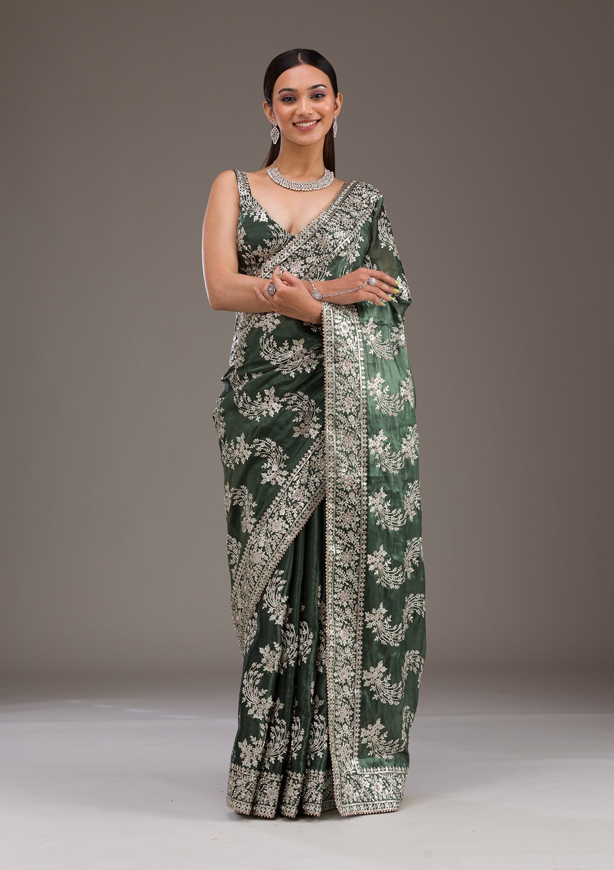 Bottle Green Threadwork Tissue Saree-Koskii