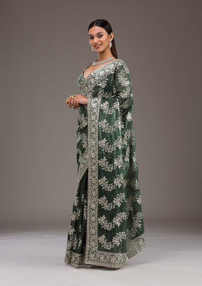 Bottle Green Threadwork Tissue Saree-Koskii