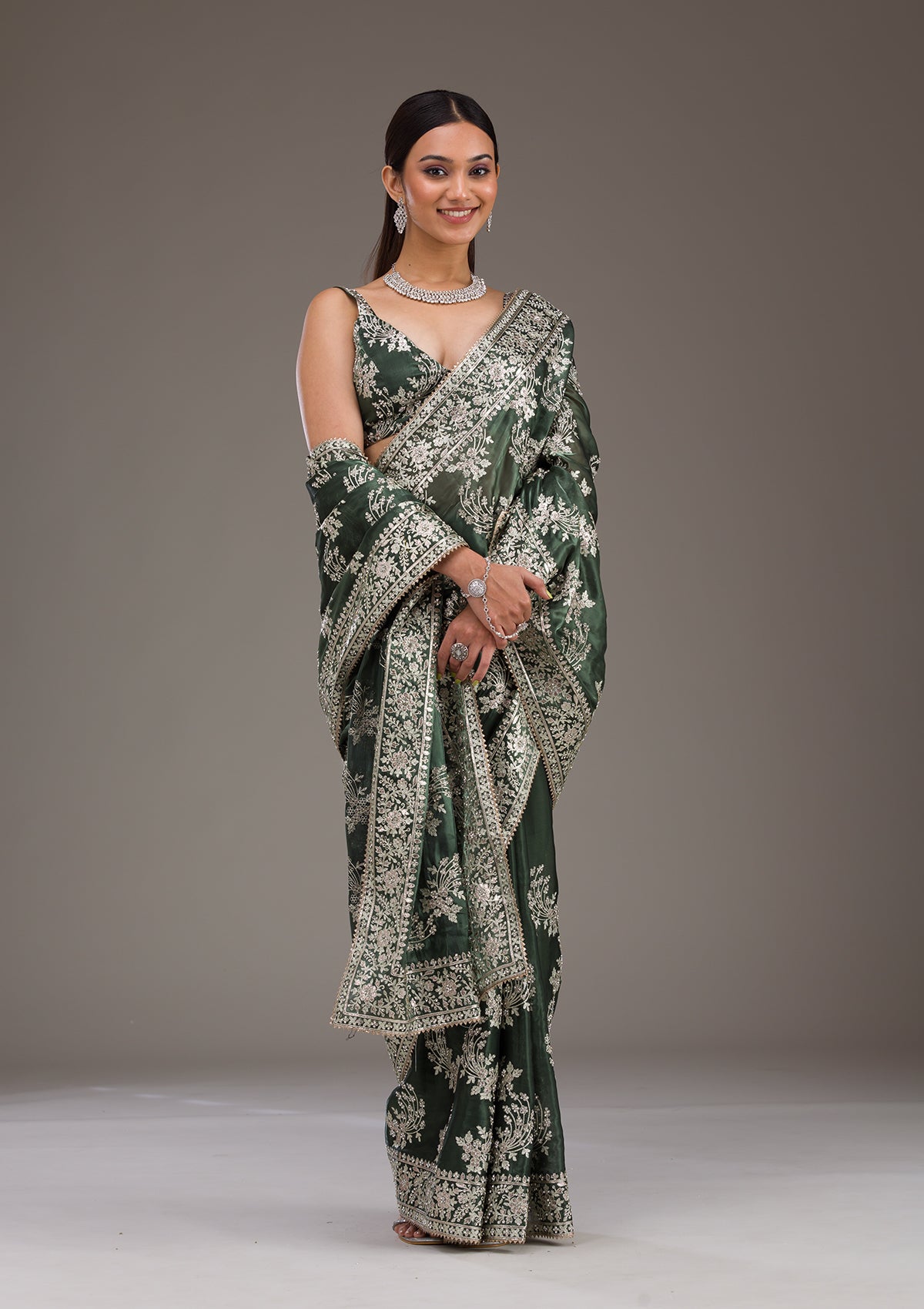 Bottle Green Threadwork Tissue Saree-Koskii