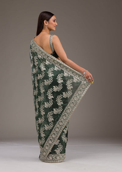 Bottle Green Threadwork Tissue Saree-Koskii