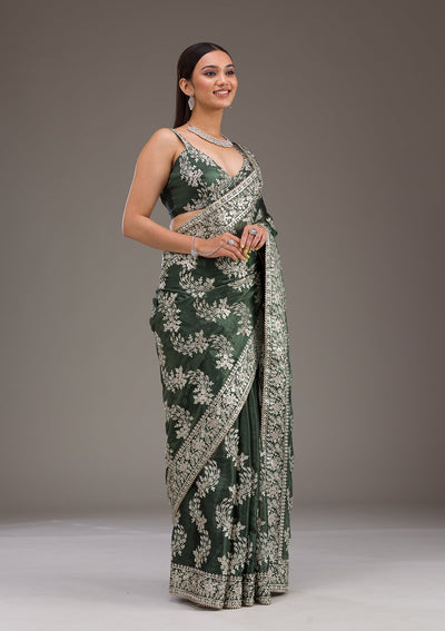 Bottle Green Threadwork Tissue Saree-Koskii