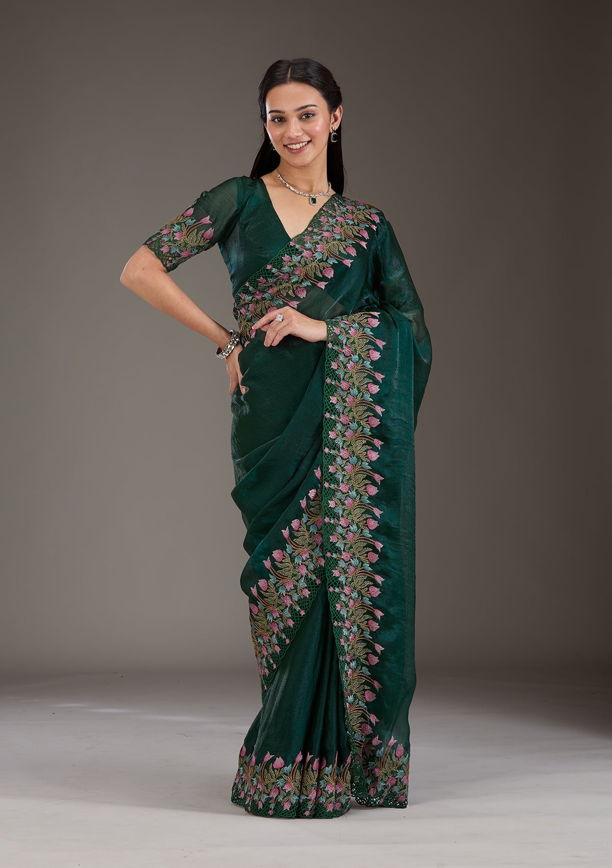 Bottle Green Threadwork Tissue Saree-Koskii