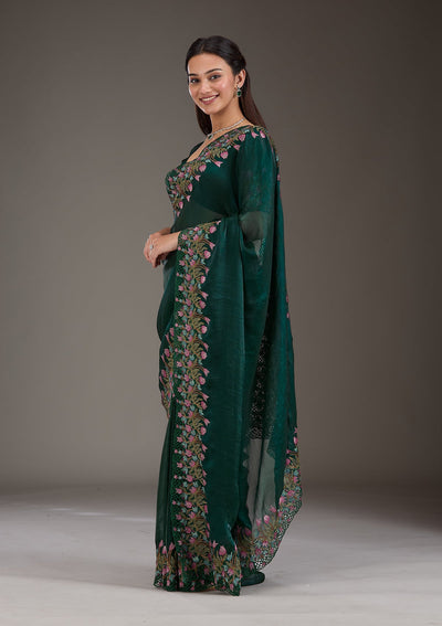 Bottle Green Threadwork Tissue Saree-Koskii