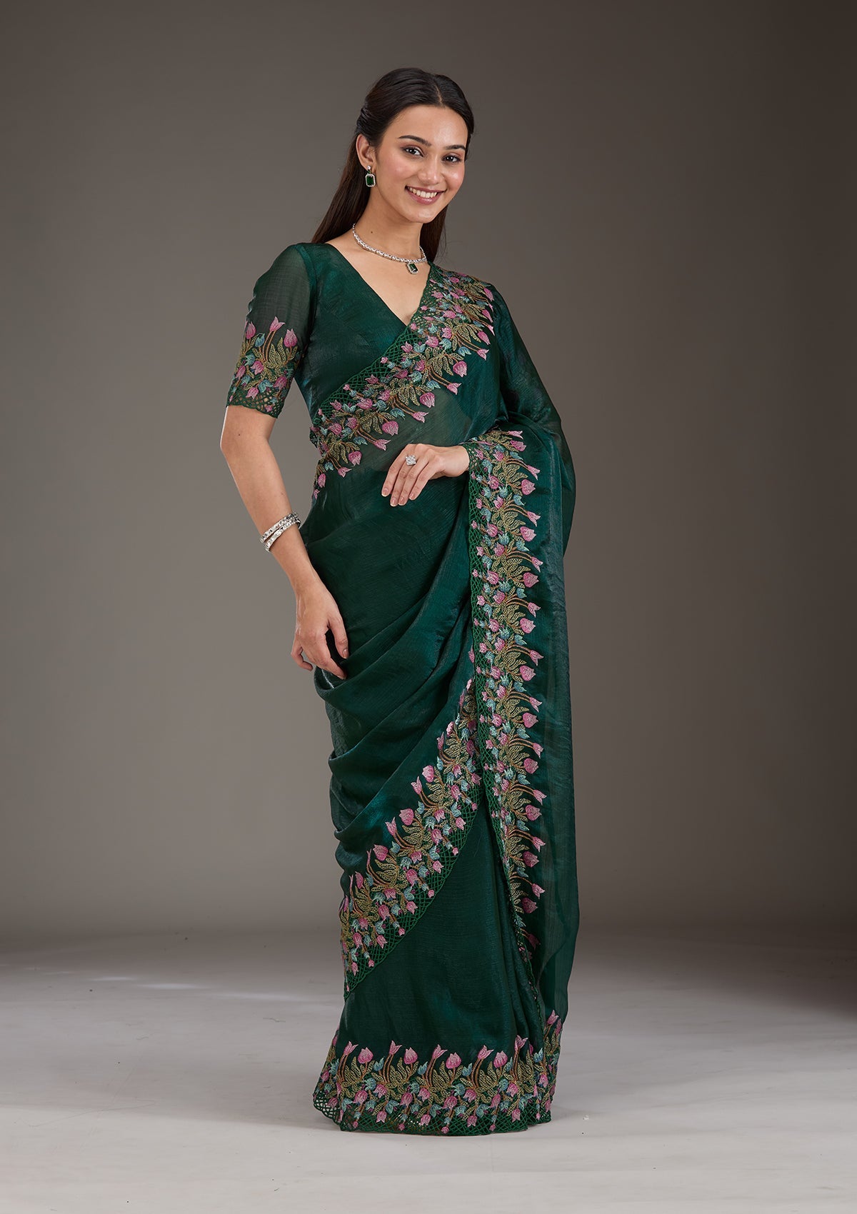 Bottle Green Threadwork Tissue Saree-Koskii