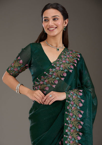 Bottle Green Threadwork Tissue Saree-Koskii