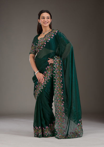 Bottle Green Threadwork Tissue Saree-Koskii