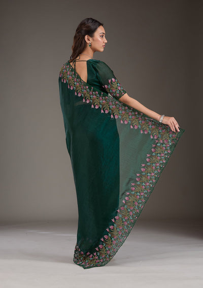 Bottle Green Threadwork Tissue Saree-Koskii