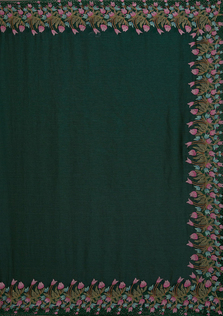 Bottle Green Threadwork Tissue Saree-Koskii