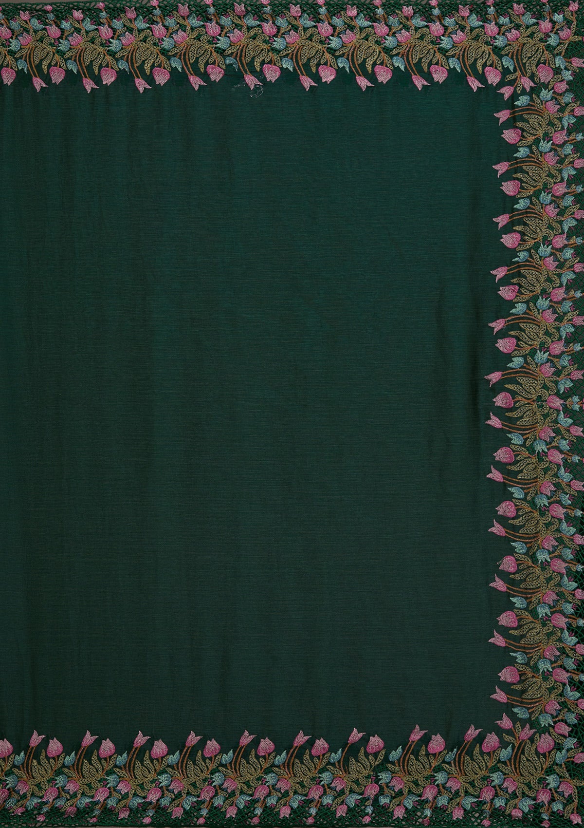 Bottle Green Threadwork Tissue Saree-Koskii