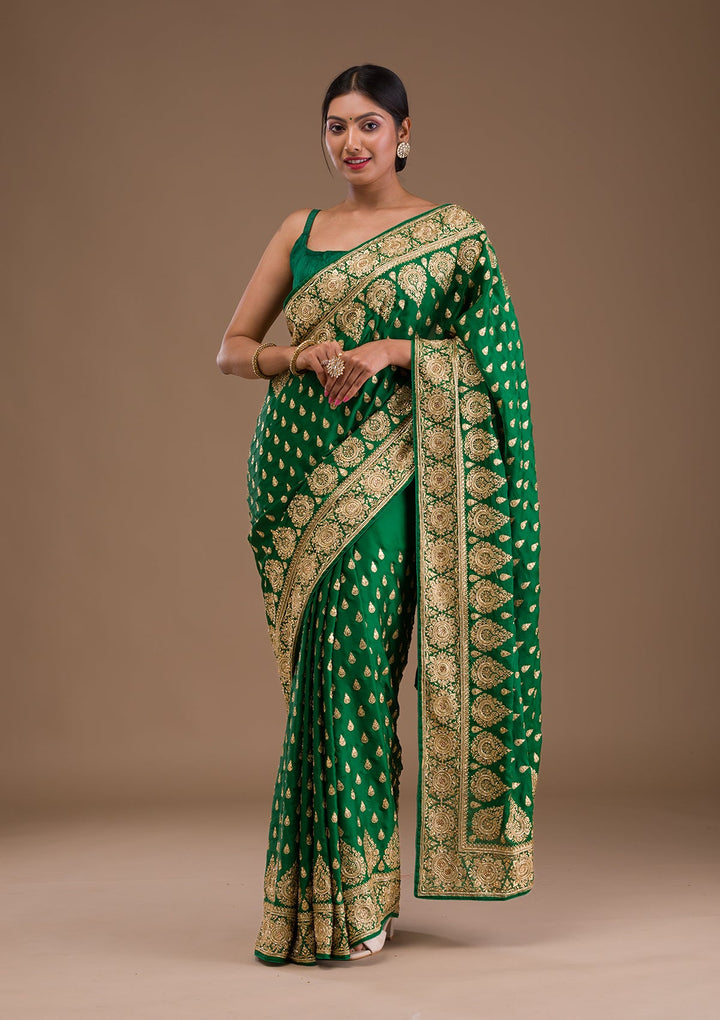 Bottle Green Zardosi Crepe Saree-Koskii