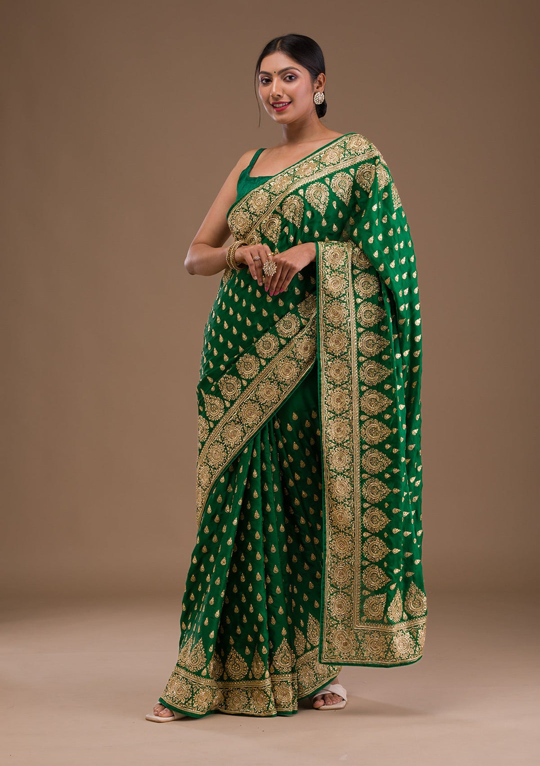 Bottle Green Zardosi Crepe Saree-Koskii