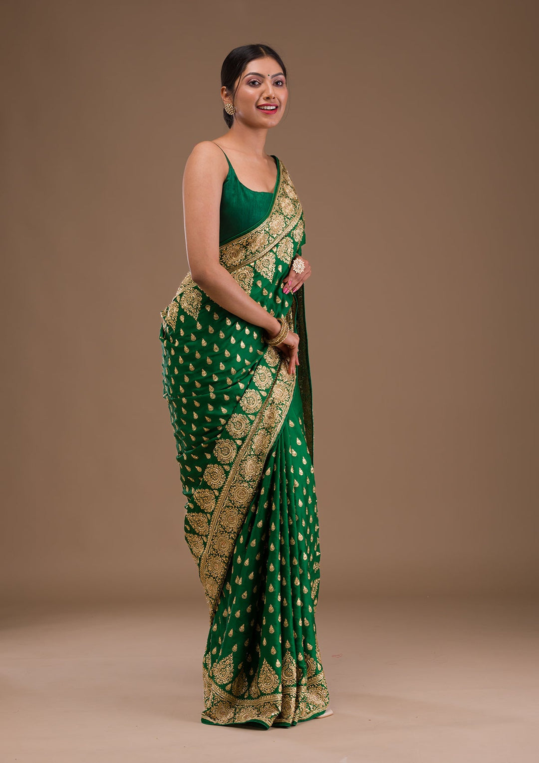 Bottle Green Zardosi Crepe Saree-Koskii