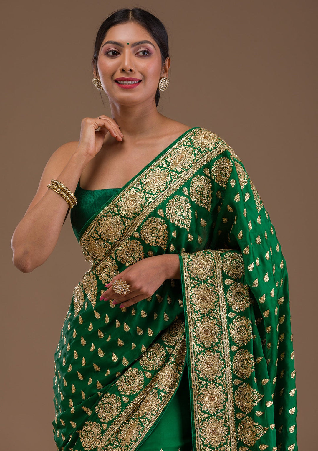 Bottle Green Zardosi Crepe Saree-Koskii