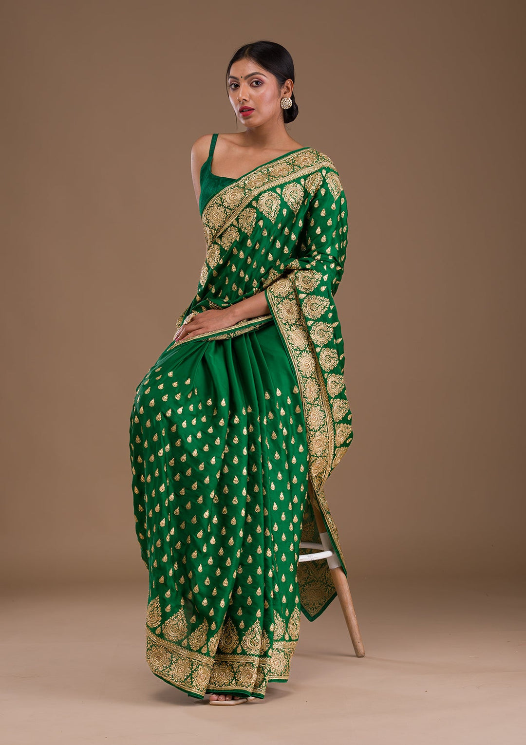 Bottle Green Zardosi Crepe Saree-Koskii