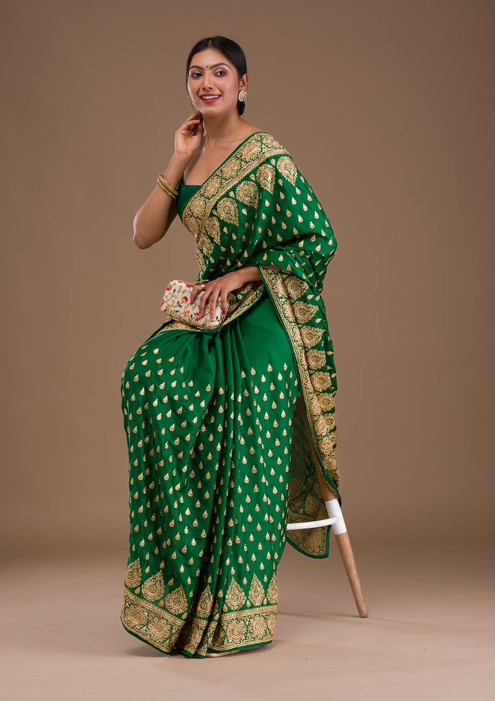 Bottle Green Zardosi Crepe Saree-Koskii