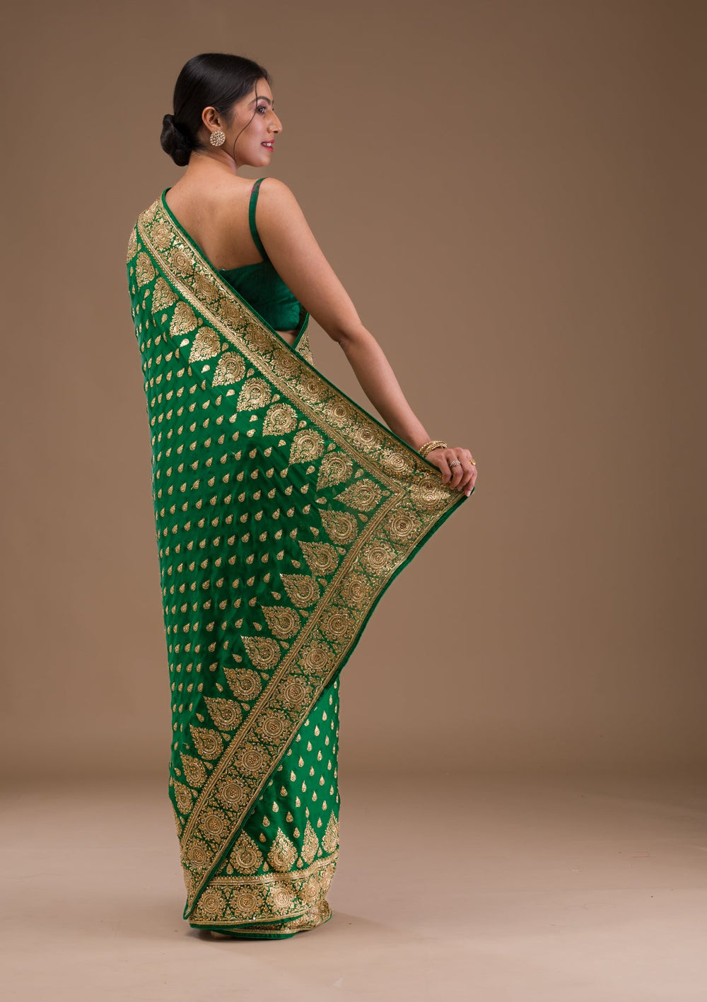 Bottle Green Zardosi Crepe Saree-Koskii