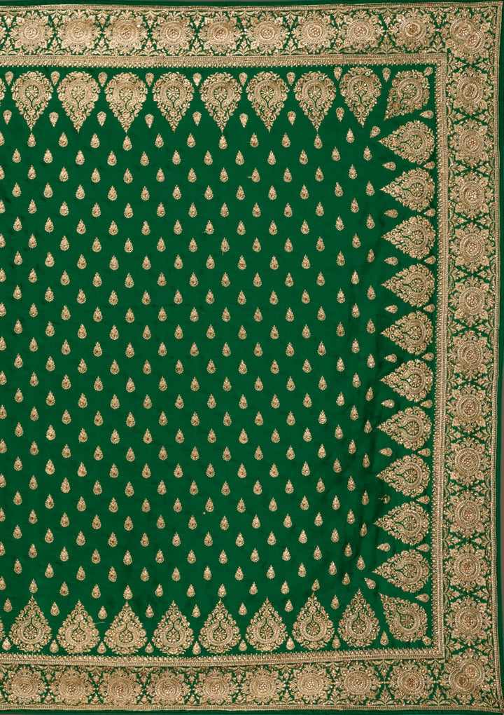 Bottle Green Zardosi Crepe Saree-Koskii