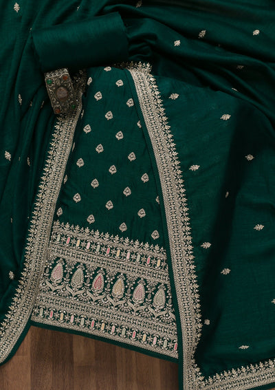 Bottle Green Zariwork Art Silk Unstitched Salwar Suit-Koskii