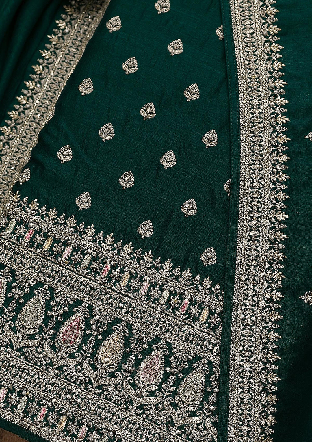 Bottle Green Zariwork Art Silk Unstitched Salwar Suit-Koskii