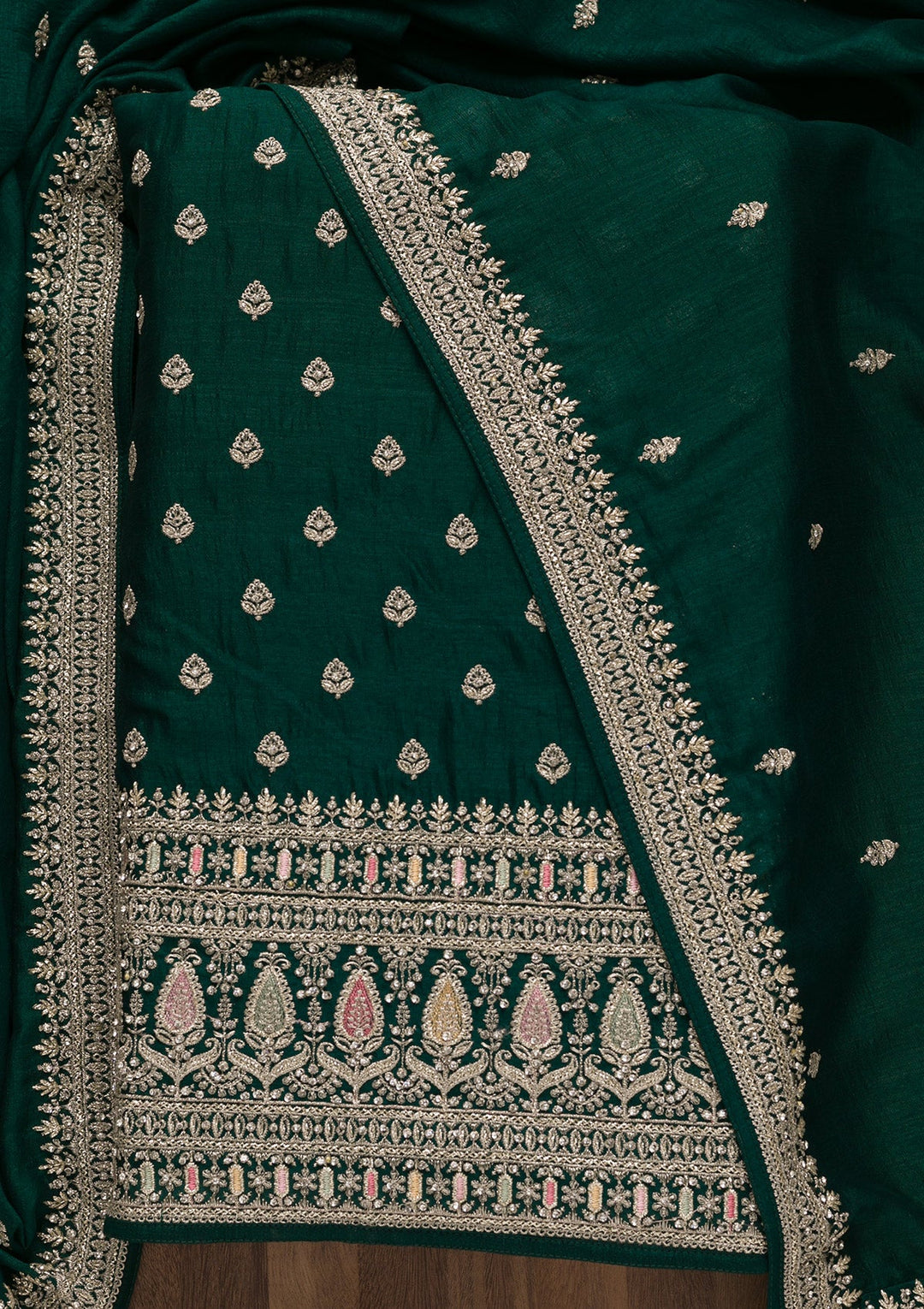 Bottle Green Zariwork Art Silk Unstitched Salwar Suit-Koskii