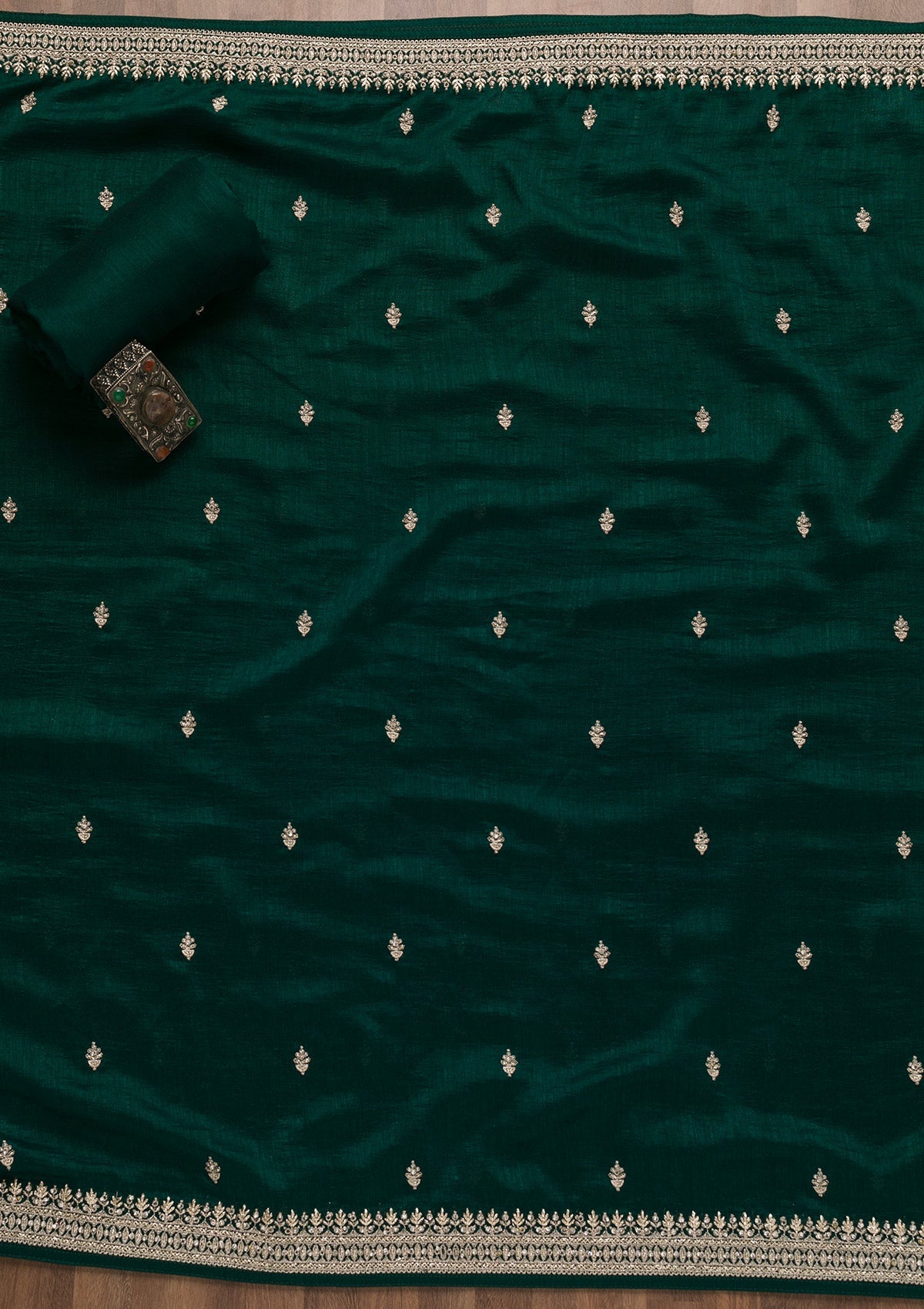 Bottle Green Zariwork Art Silk Unstitched Salwar Suit-Koskii