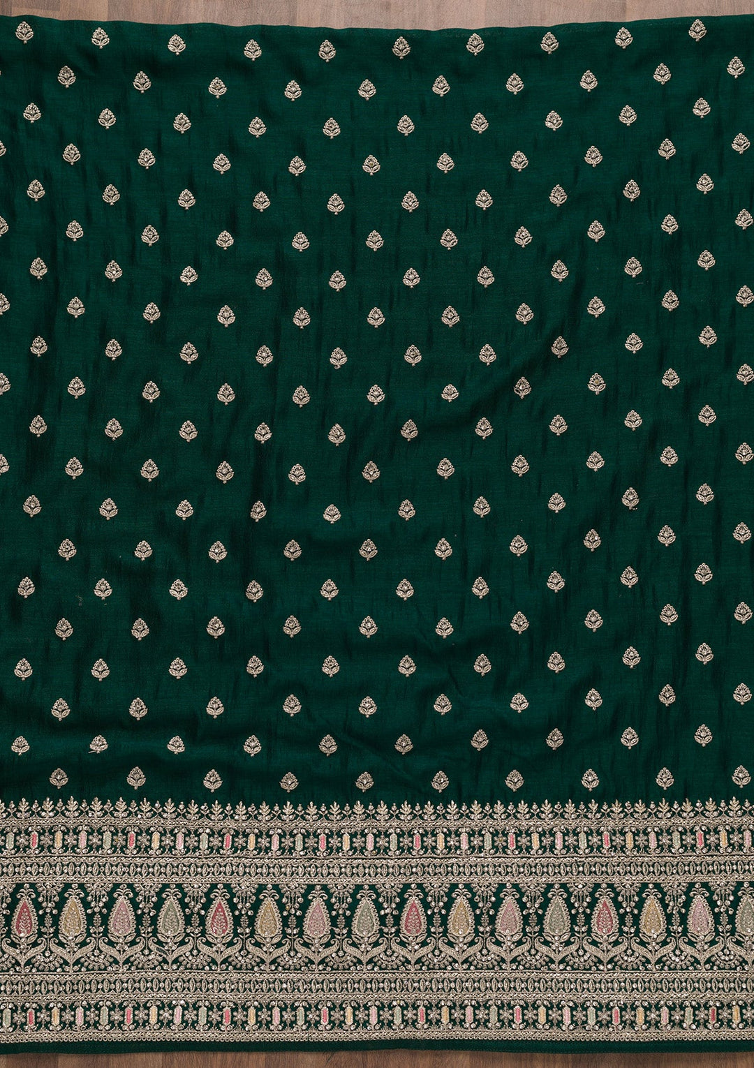 Bottle Green Zariwork Art Silk Unstitched Salwar Suit-Koskii