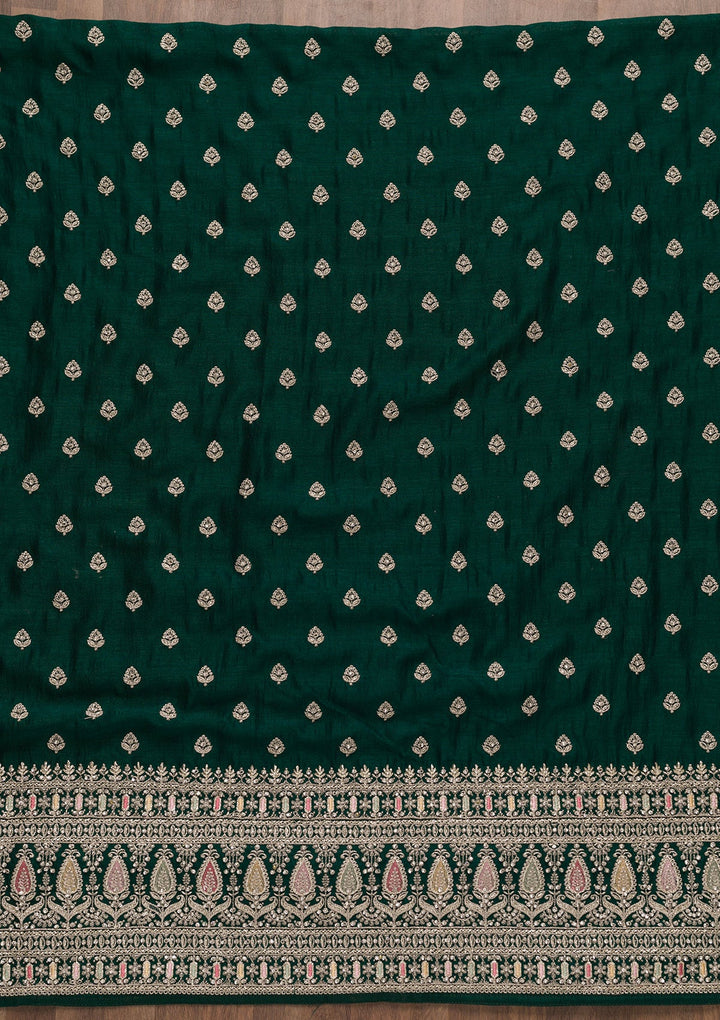 Bottle Green Zariwork Art Silk Unstitched Salwar Suit-Koskii