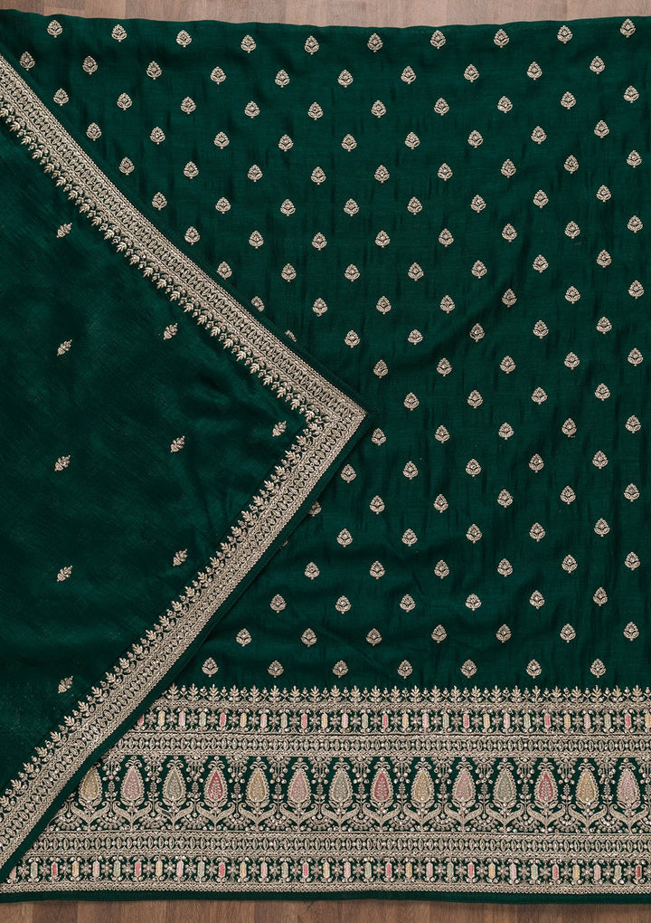 Bottle Green Zariwork Art Silk Unstitched Salwar Suit-Koskii