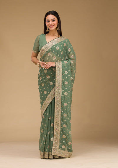 Bottle Green Zariwork Chiffon Saree-Koskii