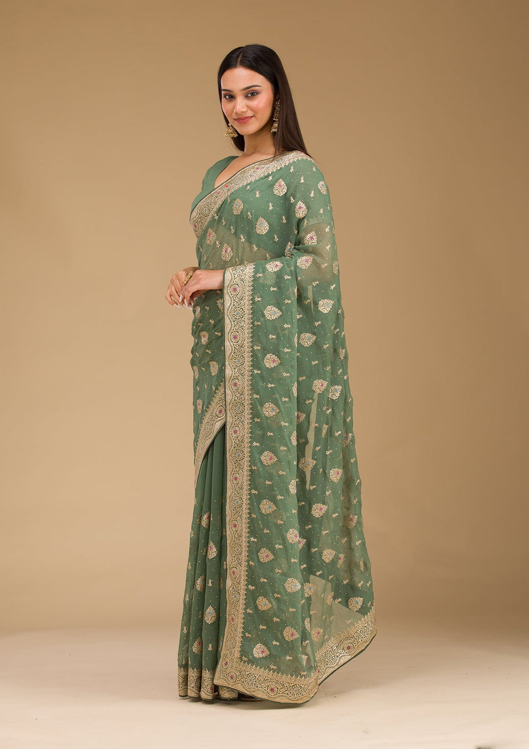 Bottle Green Zariwork Chiffon Saree