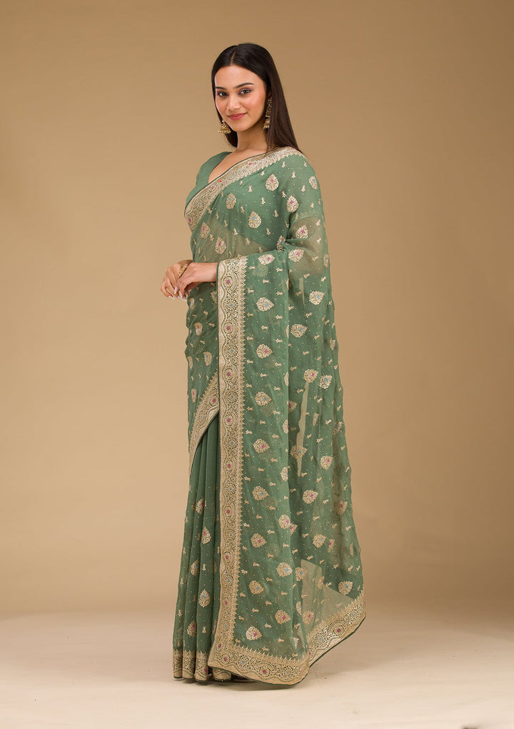 Bottle Green Zariwork Chiffon Saree
