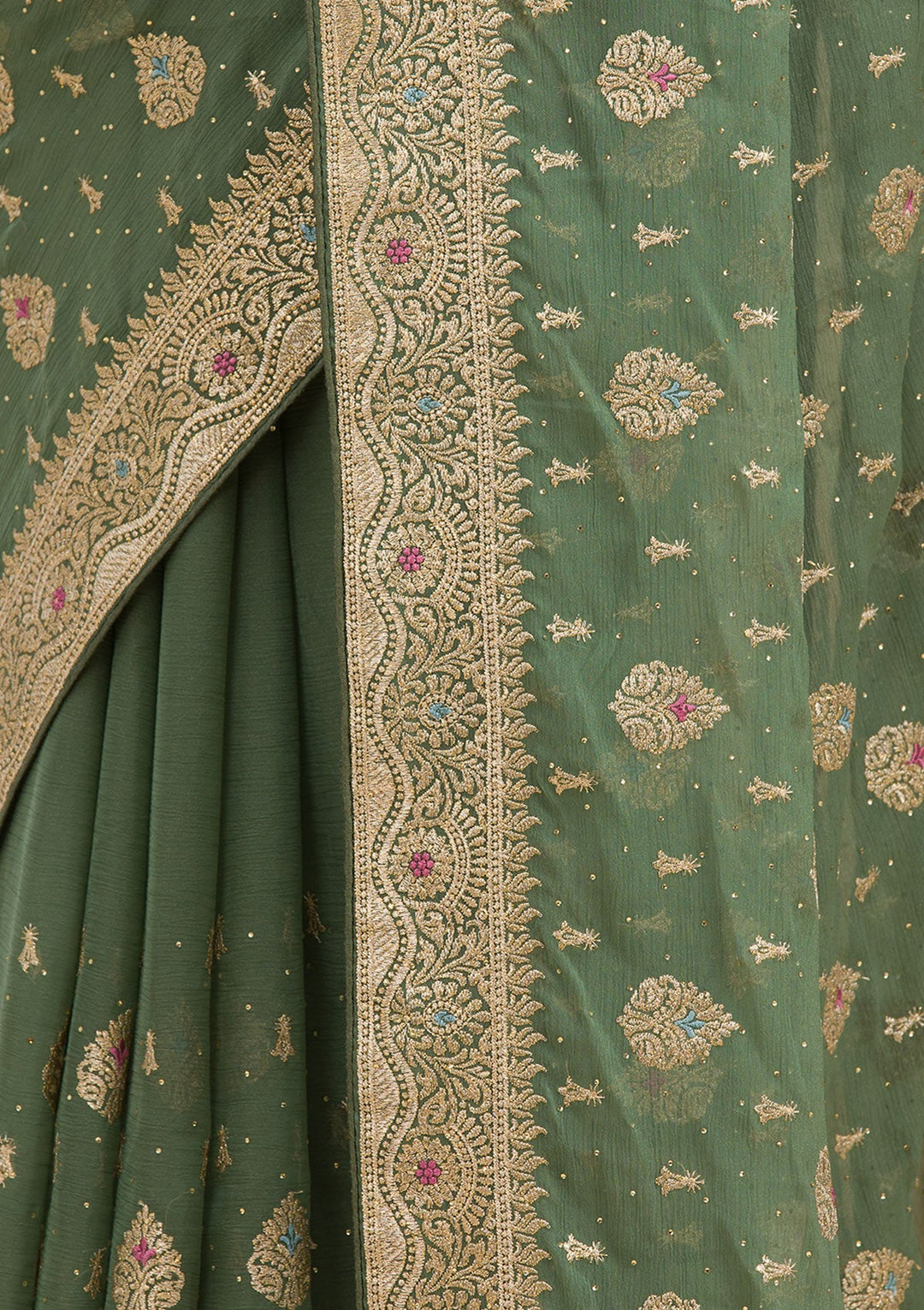 Bottle Green Zariwork Chiffon Saree