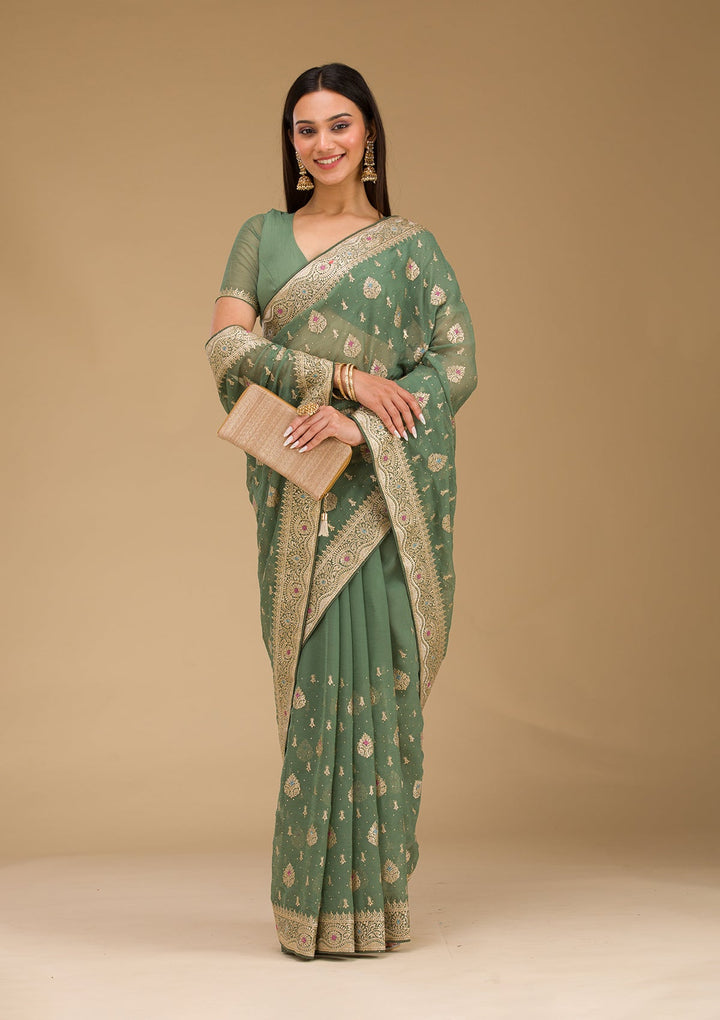 Bottle Green Zariwork Chiffon Saree