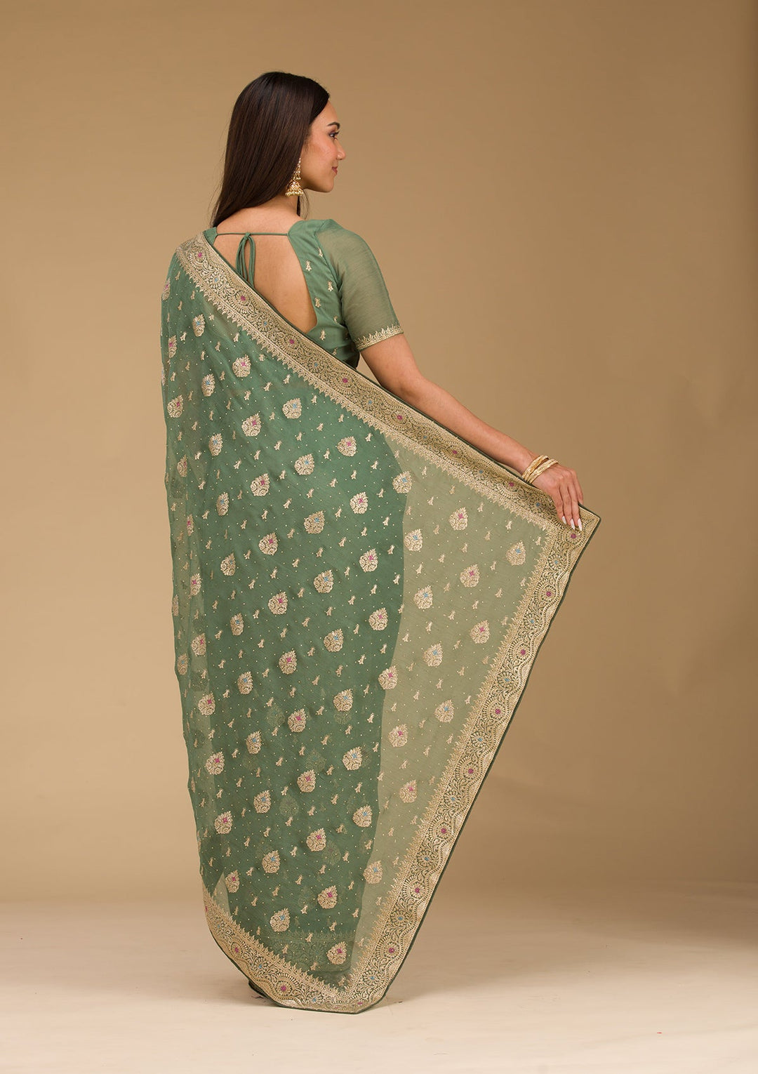 Bottle Green Zariwork Chiffon Saree