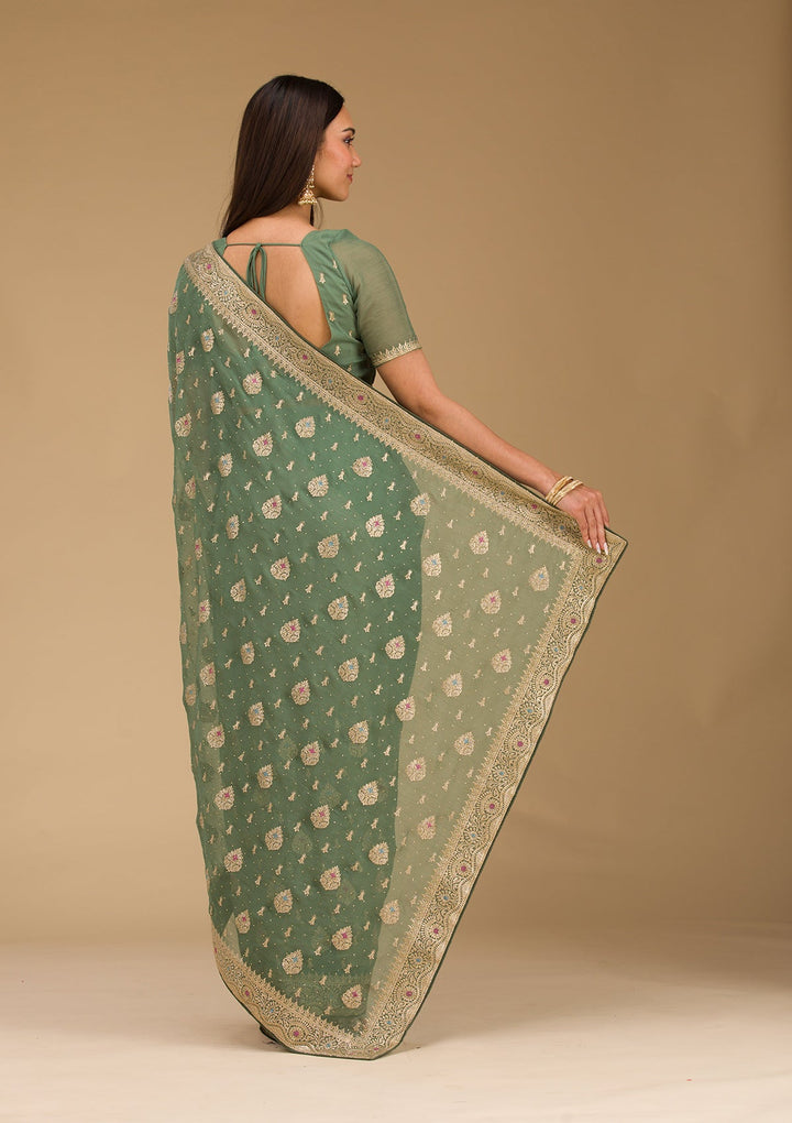 Bottle Green Zariwork Chiffon Saree