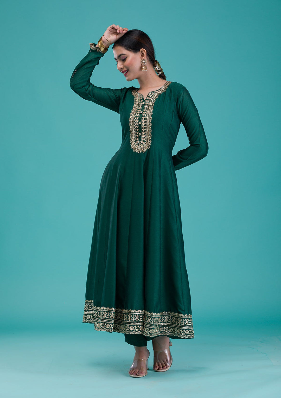 Bottle Green Zariwork Crepe Readymade Salwar Suit-Koskii