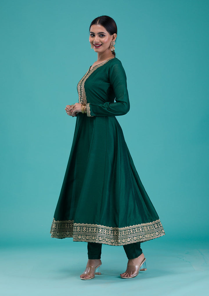 Bottle Green Zariwork Crepe Readymade Salwar Suit-Koskii