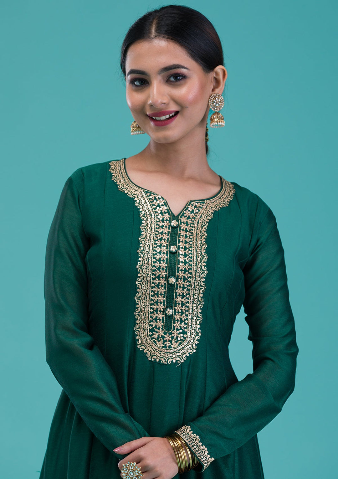 Bottle Green Zariwork Crepe Readymade Salwar Suit-Koskii