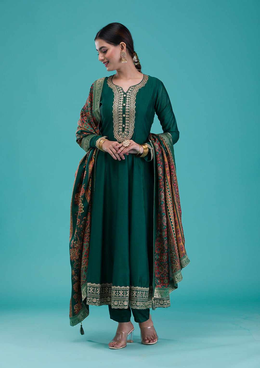 Bottle Green Zariwork Crepe Readymade Salwar Suit-Koskii