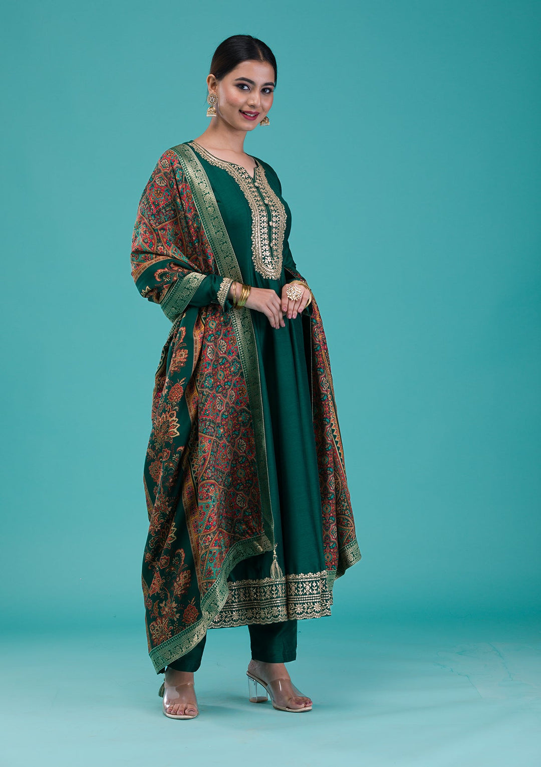 Bottle Green Zariwork Crepe Readymade Salwar Suit-Koskii