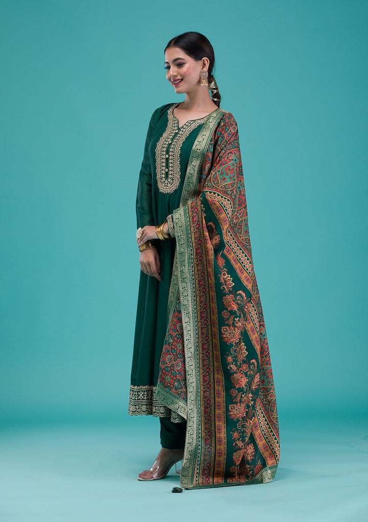 Bottle Green Zariwork Crepe Readymade Salwar Suit-Koskii