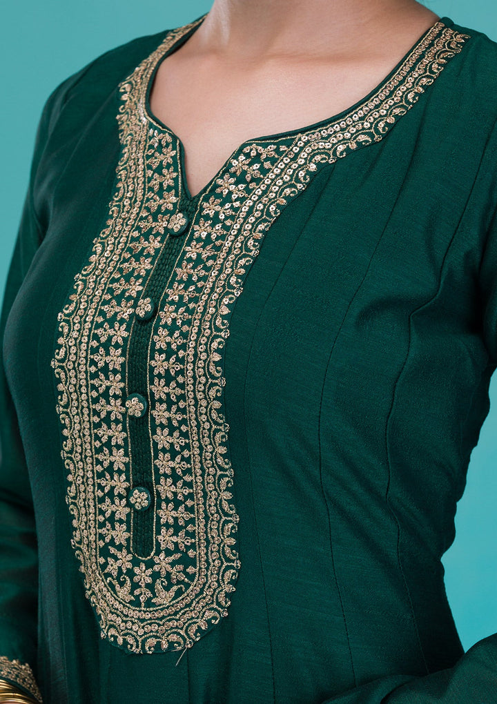 Bottle Green Zariwork Crepe Readymade Salwar Suit-Koskii